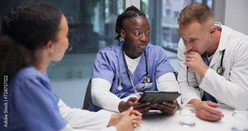 Medical, tablet and doctor with nurse team in hospital for training, diagnosis or internship. Healthcare, technology and research with professional medicine group in clinic for meeting or discussion photo