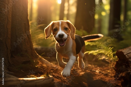 Playful beagle puppy enjoying a sunny forest walk, embodying the joy of nature