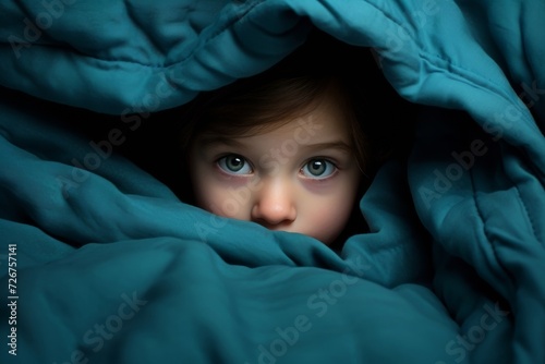 Little girl hides in fear under the blanket and looks out with a frightened look