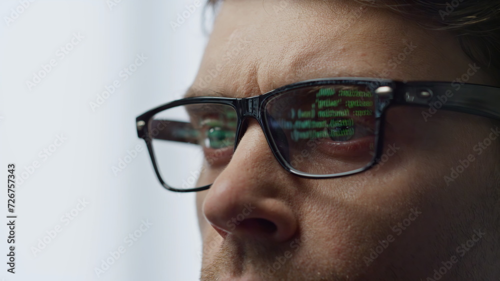 Software developer glasses reflecting terminal code closeup. It man hacker work Software developer glasses reflecting terminal code closeup. It man hacker work