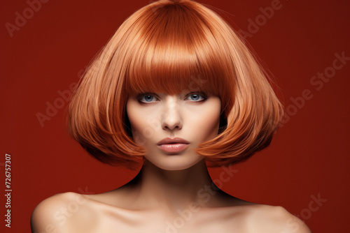 Chic redhead with bob haircut on a red backdrop, perfect for beauty and fashion concepts