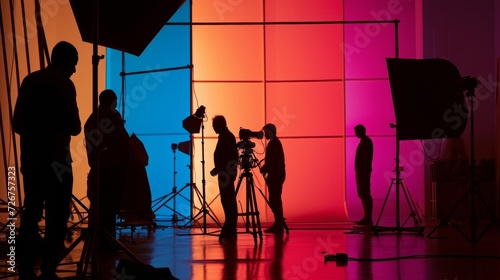Silhouetted film crew in colorful studio setup, depicting the vibrant atmosphere of a professional shoot photo