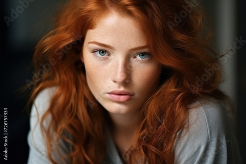 portrait of a beautiful red-haired girl with perfect healthy skin, freckles, expressive eyes and luxurious hair