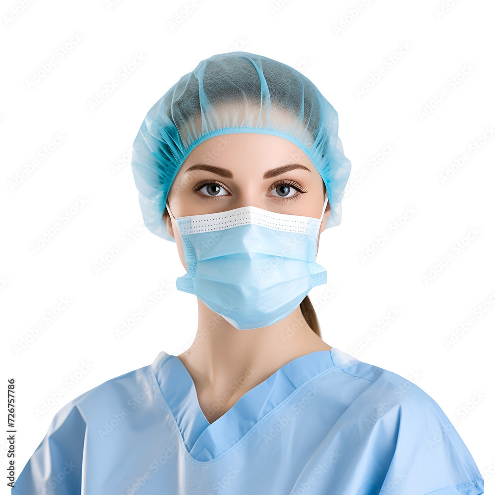 Portrait of a Medical Professional: Close Up of an American Female Doctor, Nurse or Surgeon in Scrubs and Mask, Isolated on Transparent Background, PNG Portrait of a Medical Professional: Close Up of an American Female Doctor, Nurse or Surgeon in Scrubs and Mask, Isolated on Transparent Background, PNG