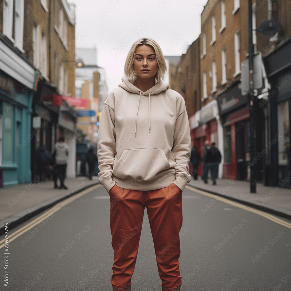 A HD Portrait of a young woman with blond hair standing in the Streets of London.