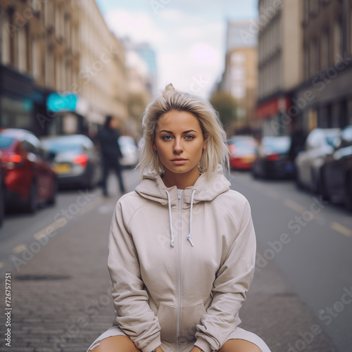 A HD Portrait of a young woman with blond hair standing in the Streets of London.