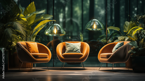 Three orange armchairs sustainable livingroom background image. Biophilic home interior photo backdrop. Cozy lounge space wallpaper picture. Bringing nature indoors concept photography
