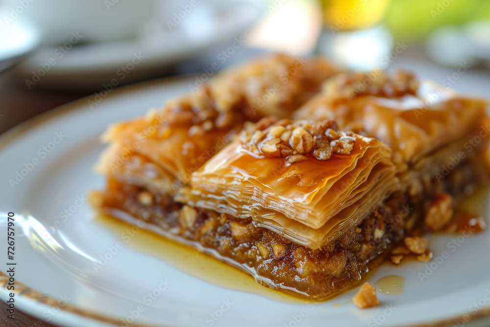 slice of baklava, a Turkish dessert with layers of filo pastry, nuts, and honey, cut into diamond shapes, in the style of sweet, crunchy, sticky slice of baklava, a Turkish dessert with layers of filo pastry, nuts, and honey, cut into diamond shapes, in the style of sweet, crunchy, sticky