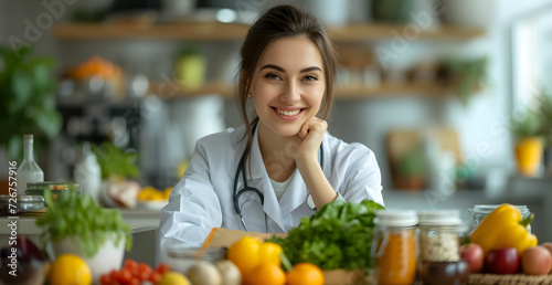Latina nutritionist accompanied by healthy fruits and vegetables