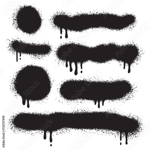 Set of graffiti spray banners. Vector spray paint shapes with Lines and Droplets Black ink splashes, collection of ink stains, Street style.