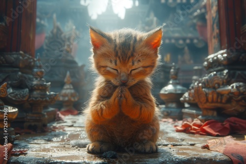 Cute funny fluffy cat praying, doing yoga, religious believer follower Kitty in a monastery
