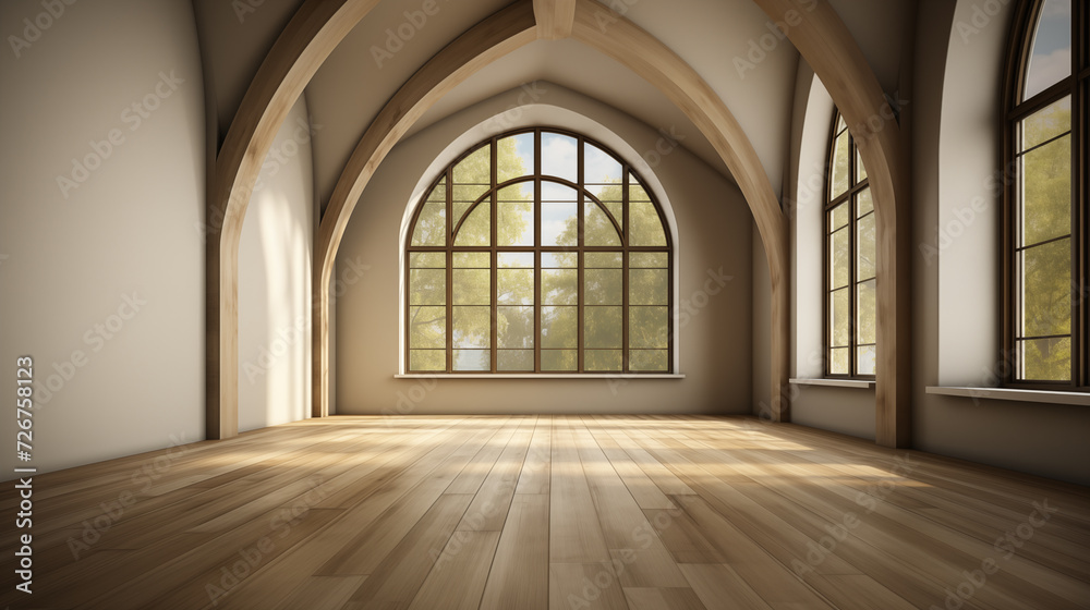 Focus on spaciousness archway arch window background image. Empty room photo backdrop. Open space interior desktop wallpaper picture. Light and airy concept photography indoors scene