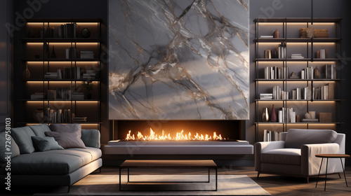 Lavish rich livingroom fireplace with marble accent background image. Two couches luxury bookcase photo backdrop. Extravagance decor wallpaper picture. Loungeroom concept photography photo