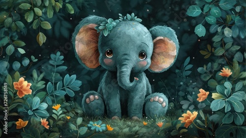  a painting of a baby elephant sitting in the middle of a forest with flowers on it's head and leaves on its trunk.