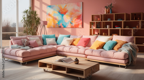 Mood-boosting colors living room dopamine decor background image. Interior design trend photo backdrop. Eclectic style wallpaper picture. Happiness positivity concept photography indoors