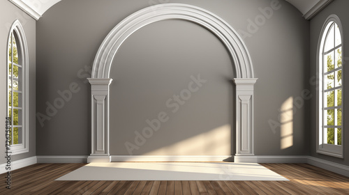 Historical elegance archway arch windows background image. Empty spacious room photo backdrop. Open space interior desktop wallpaper picture. Light and airy concept photography indoors