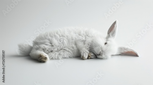 a white rabbit laying on its side on a white surface with it's head resting on it's paws.