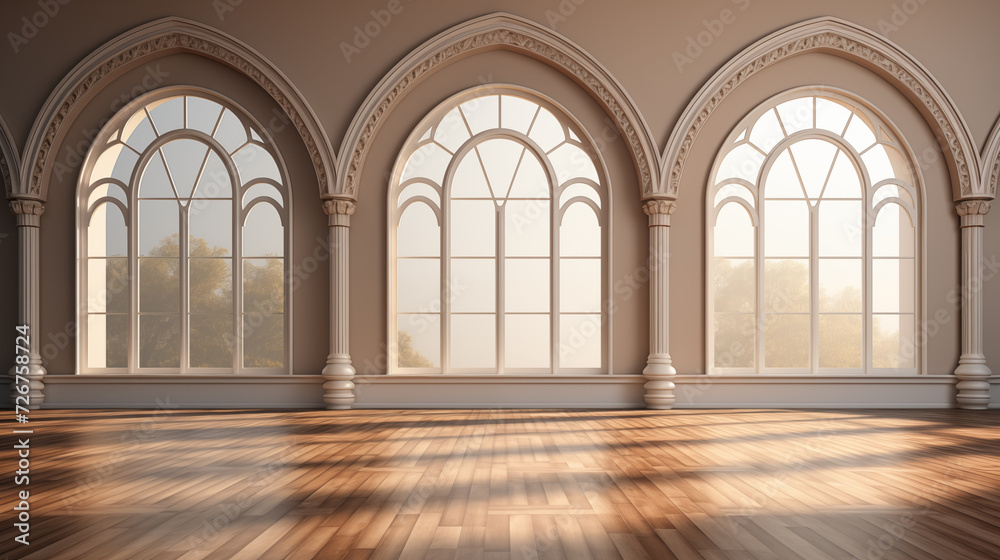 Filled with natural light archway arch windows background image. Empty spacious room photo backdrop. Open space interior desktop wallpaper picture. Light and airy concept photography