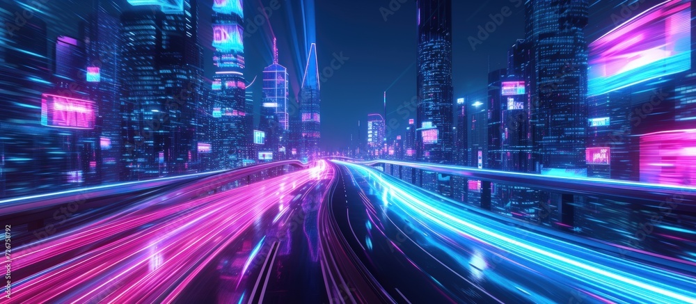 Futuristic cyberpunk sci fi downtown city street at night with neon blue and pink. AI generated Futuristic cyberpunk sci fi downtown city street at night with neon blue and pink. AI generated