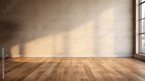 Scandinavian empty space with wooden floor background image. Japandi room photo backdrop. Livingroom cozy wallpaper picture. Sunny ambiance interior simple home concept photography © The img