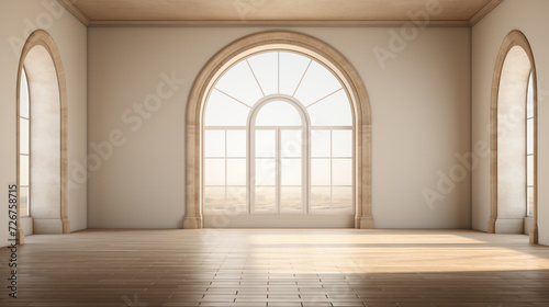Neoclassical design archway arch windows background image. Empty spacious room photo backdrop. Open space interior desktop wallpaper picture. Light and airy concept photography indoors