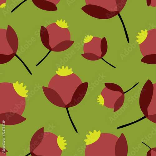 Floral pattern. Red flowers with a yellow pistil on a green background.