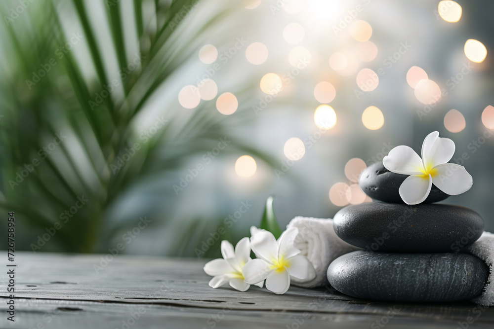 beautiful spa composition on massage table in wellness center, copyspace