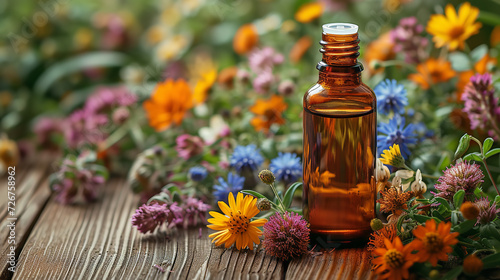 Bottle of essential oil and colorful wild flowers on wooden background photo