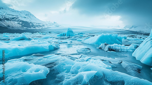 the ethereal beauty of a glacier landscape, showcasing the blue hues and massive ice formations