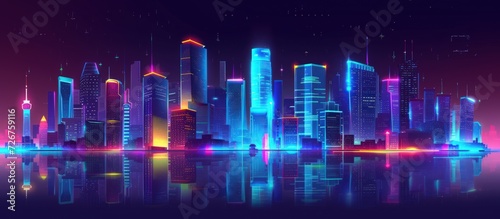Futuristic skyline neon color with meta verse virtual reality technology concept. AI generated image