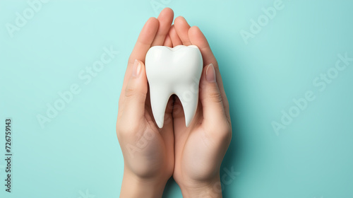 doctor holds white tooth mockup on a light blue background, Minimalistic design for advertising a dental clinic