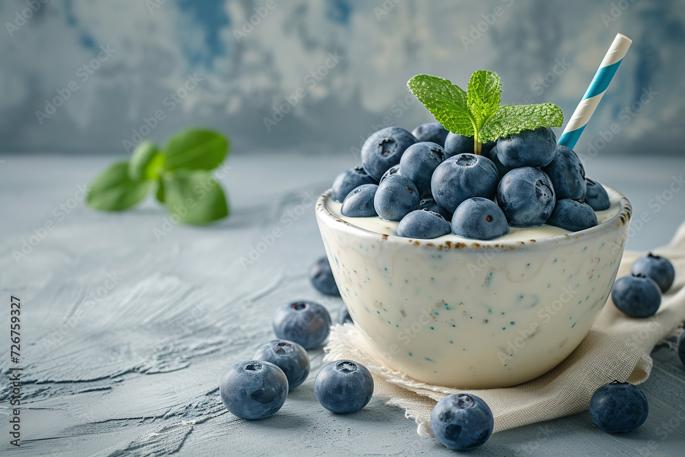Light spring milk drink with striped straw, blueberries in a bowl on white wooden table, copy space