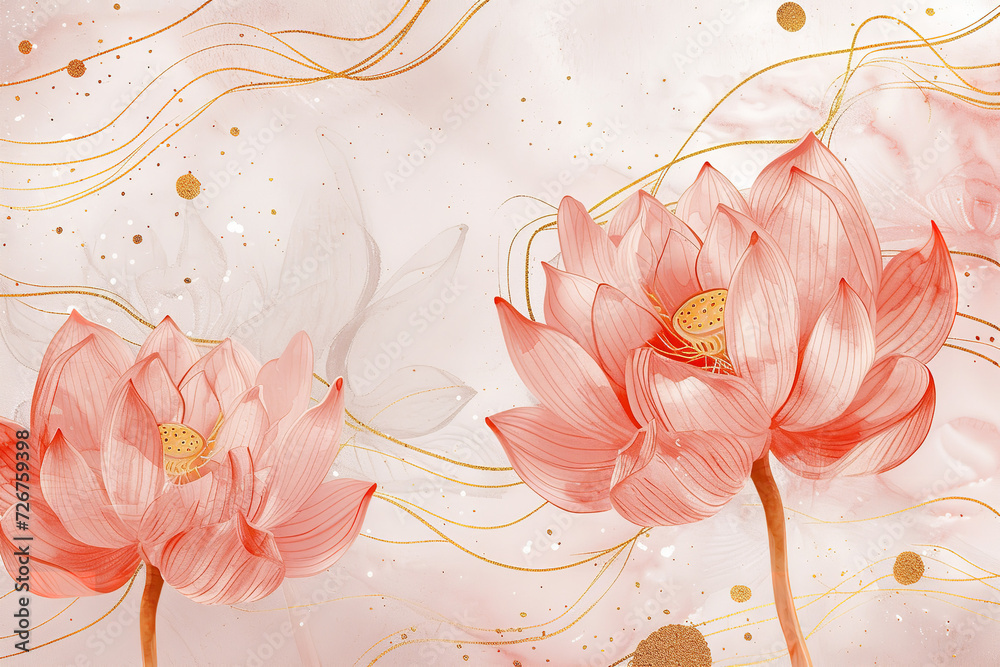 Packaging Pattern Design, Lotus Ink Style, Light Pink and Gold Lines Packaging Pattern Design, Lotus Ink Style, Light Pink and Gold Lines