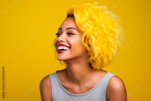 Studio portrait of a beautiful young African American woman with curls and yellow dyed hair and yellow background. Vibrant colors. Generative AI photo