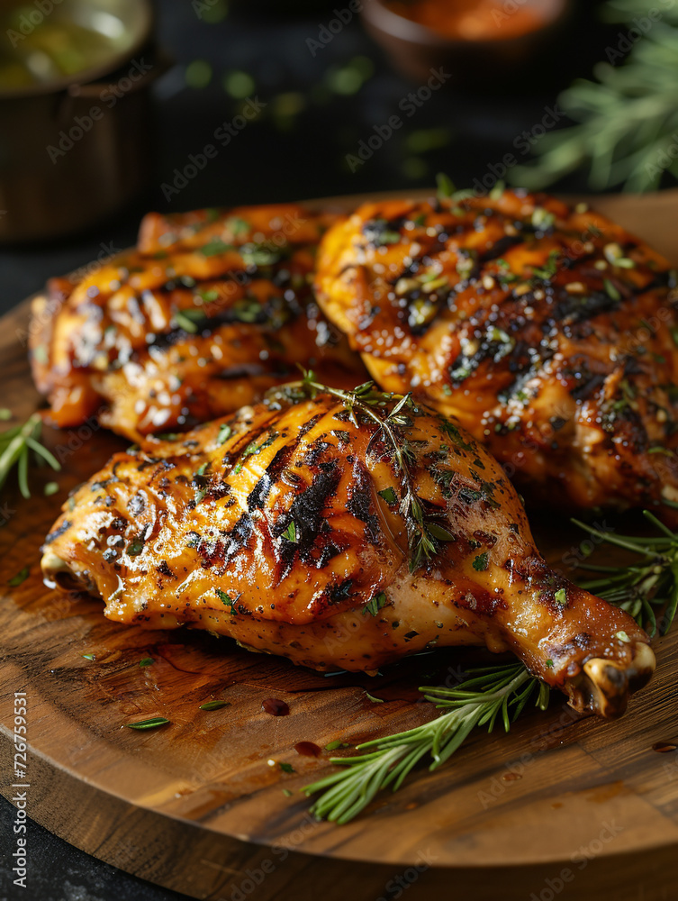 roasted chicken on wood plate, food photography roasted chicken on wood plate, food photography