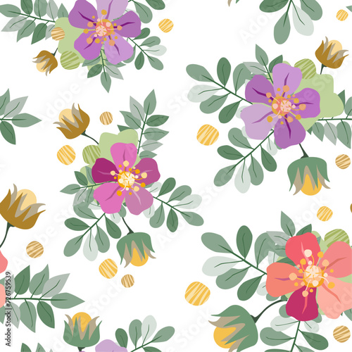 Floral arrangement in pastel colors vector seamless pattern. Attractive texture art in vintage style for printing on various surfaces (textile, wrapping, packages, apparel) or usage in graphic design.