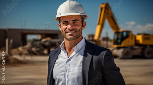 Portrait of a contractor or architect wearing a formal suit with a white hard hat in the middle of a construction site with an excavator in the background. Image with copy space. Generative AI