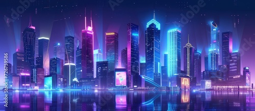 Futuristic skyline neon color with meta verse virtual reality technology concept. AI generated image © orendesain99