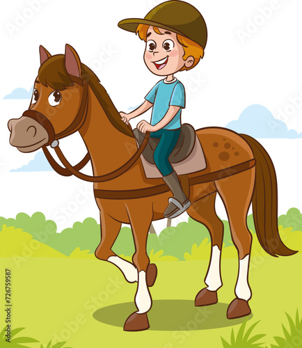 kids riding horses Vector Illustration of equestrian sport training horseback ride