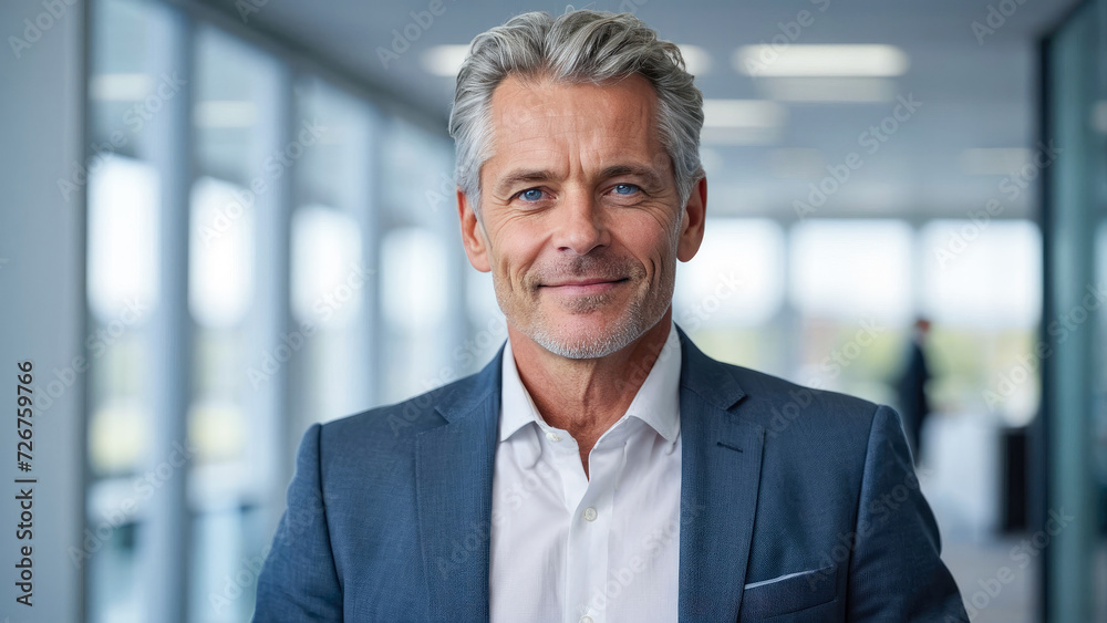 Happy middle age ceo businessman standing in glass office with arms crossed Happy middle age ceo businessman standing in glass office with arms crossed