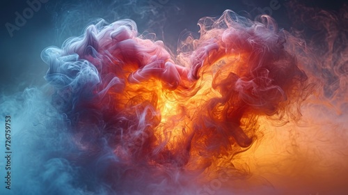  a close up of a red and blue cloud of smoke on a black background with a blue sky in the background.