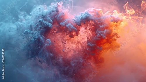  a heart shaped cloud of smoke on a blue and orange background with red and yellow smoke coming out of it.
