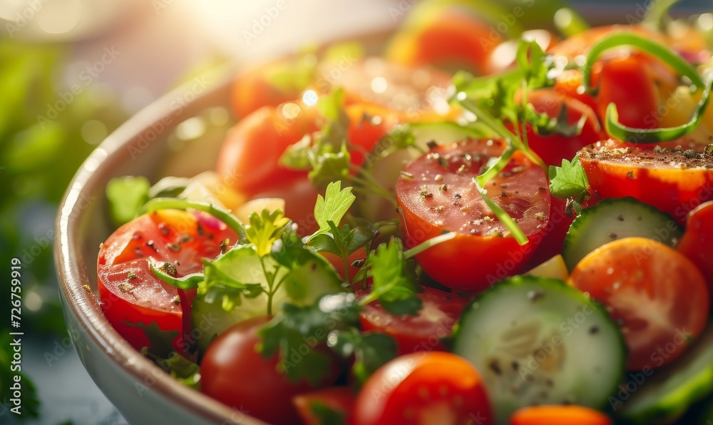 Fresh tomato and cucumber salad with parsley in bowl on a sunny day Fresh tomato and cucumber salad with parsley in bowl on a sunny day