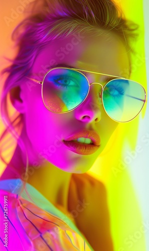 Vibrant portrait of woman with colorful lighting  large glasses reflecting rainbow spectrum  against vivid yellow and pink background.