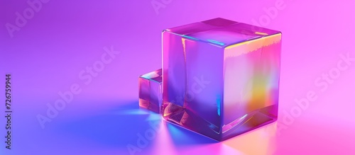 Crystal cube in rainbow holographic gradient color texture on purple background. AI generated image