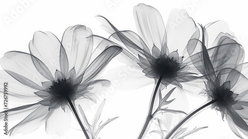  a group of black and white flowers on a white background with a black and white photo of the same flower. photo