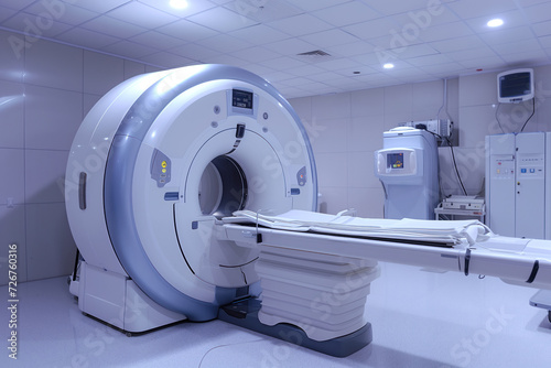 At medical hospital laboratory, there is an MRI magnetic resonance imaging scanner Generative AI