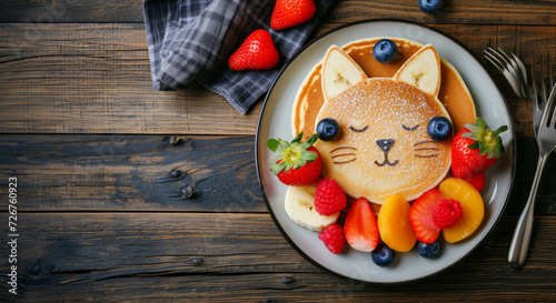 Funny food for kids. Bear and cat made of pancakes with strawberries. Idea for a baby breakfast. Top view, flat lay. Creative breakfast ideas for kids