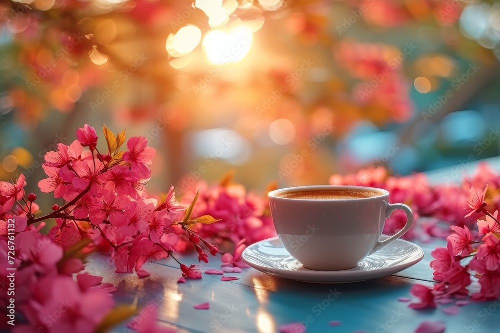 A delicate porcelain teacup adorned with pink flowers sits gracefully on a saucer, ready to awaken the senses with a comforting cup of coffee on a peaceful morning A delicate porcelain teacup adorned with pink flowers sits gracefully on a saucer, ready to awaken the senses with a comforting cup of coffee on a peaceful morning
