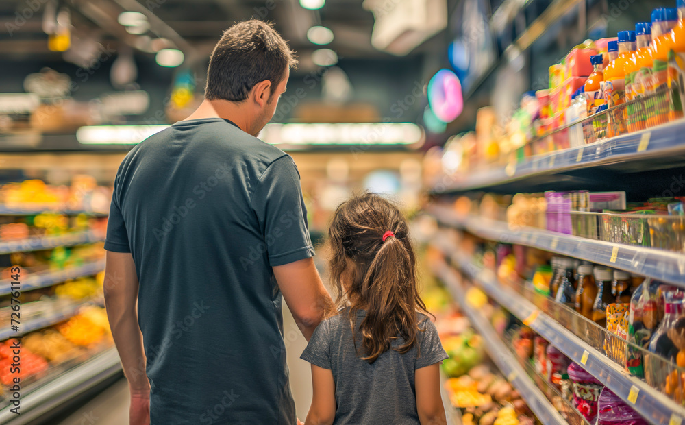 Father and daughter shopping in a grocery store